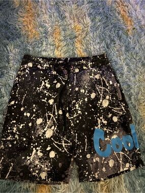 Men's Black Paint-Splash Athletic Shorts with Blue 'Cool' Accent